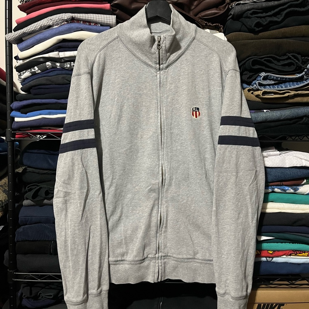 Polo by Ralph Lauren Gray Full-Zip Sweater with Navy Sleeve Stripes